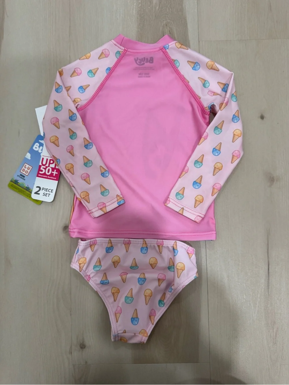 NWT Bluey Baby 12 Month 2 Piece Swimsuit Set Rashguard & Bottoms Pink Icecream